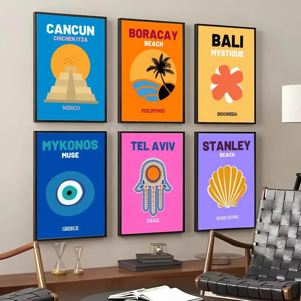 Póster de viaje minimalista de Bali, Dubái, Jaipur, arte HD, mural, arte de pared, decoración impermeable con impresión vintage para decoración del hogar, DIY, duradero