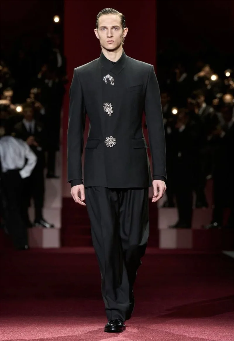 Black Crystals Men Suit Set 2 Pcs Blazer+Pant Trousers Formal Office Jacket Groom Prom Wedding Tuxedos Customized Cotton Coat