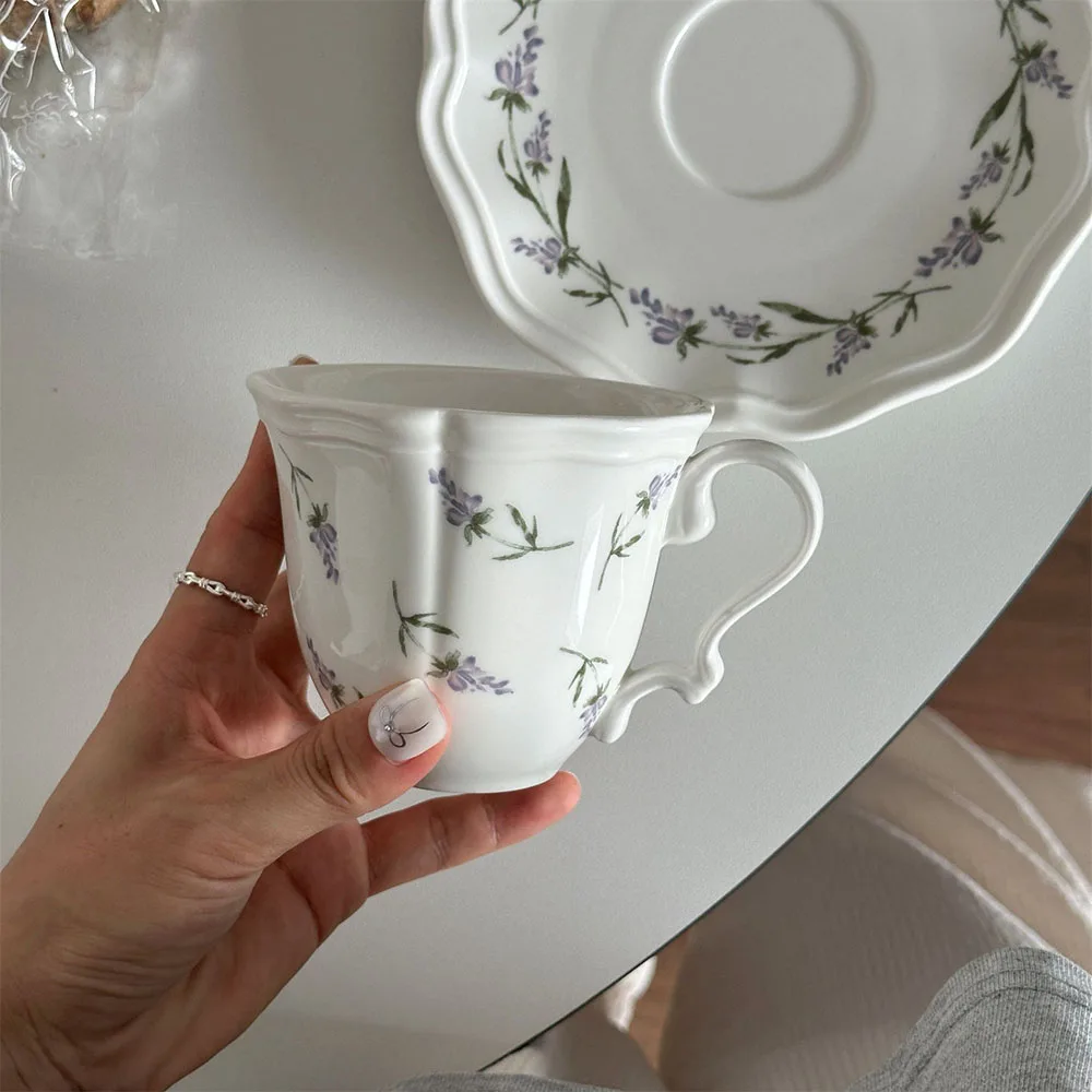 Lavender Pattern Ceramic Cup and Dish Set Household Elegant Afternoon Tea Cups Plate Two-piece Sets Coffee Cup and Dish