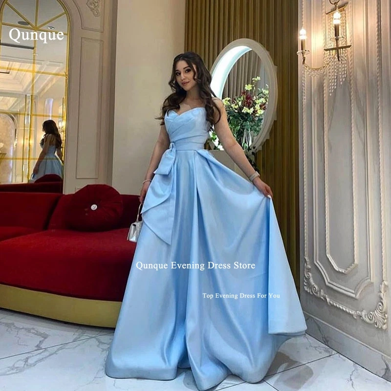 

Qunque Sky Blue A-line Evening Dresses Simpe Satin Pleat Prom Gowns Sweetheart Customized Party Dress Vestidos De Fiesta Largos