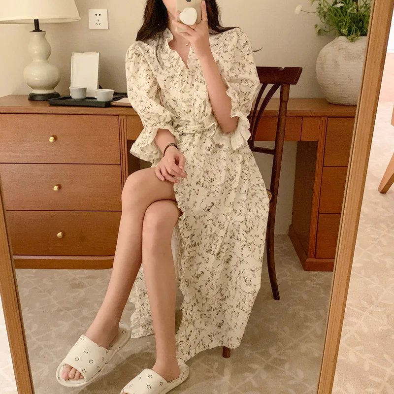 Soft Floral Summer Korean Short Sleeve Sweet Nightgown Women Two Piece Set Pajamas Print  Flowers Casual Elegant Sleepwear Ins