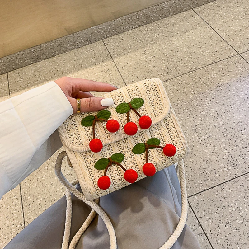 

Small Square Crossbody Shoulder Bag Women Woven Cherry Beach Bag For Ladies Rattan Handmade Knitted Straw Handbag Messenger Bag