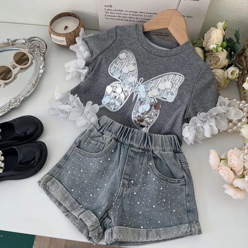 Butterfly T-shirt Denim Shorts Spring and Summer New Korean Fashionable Butterfly Lace T-shirt All-match Denim Shorts