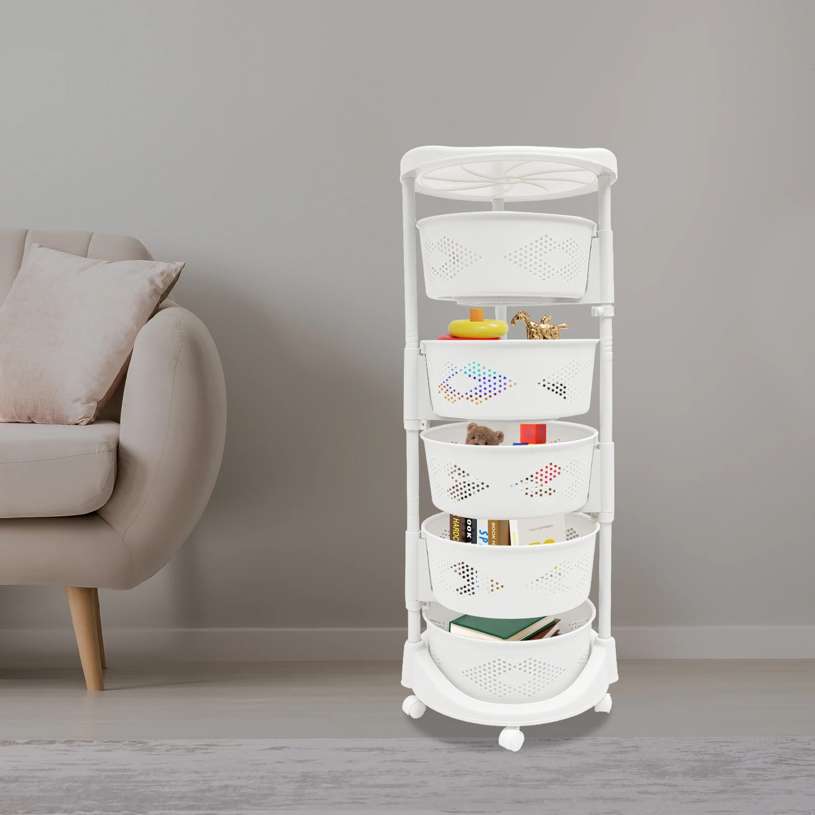 

5-Tier Fruit& Vegetable Storage Rack for Kitchen, Rotating Rack W/ Wheels for Banana Onion Potato Corns Grocery Organizer