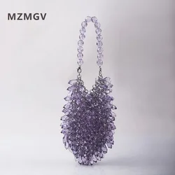 女性のための透明なアクリルの手織りのハンドバッグ,緑,青,黄色,手作りの夏のパーティー,小さな夜のためのビーズのハンドバッグ