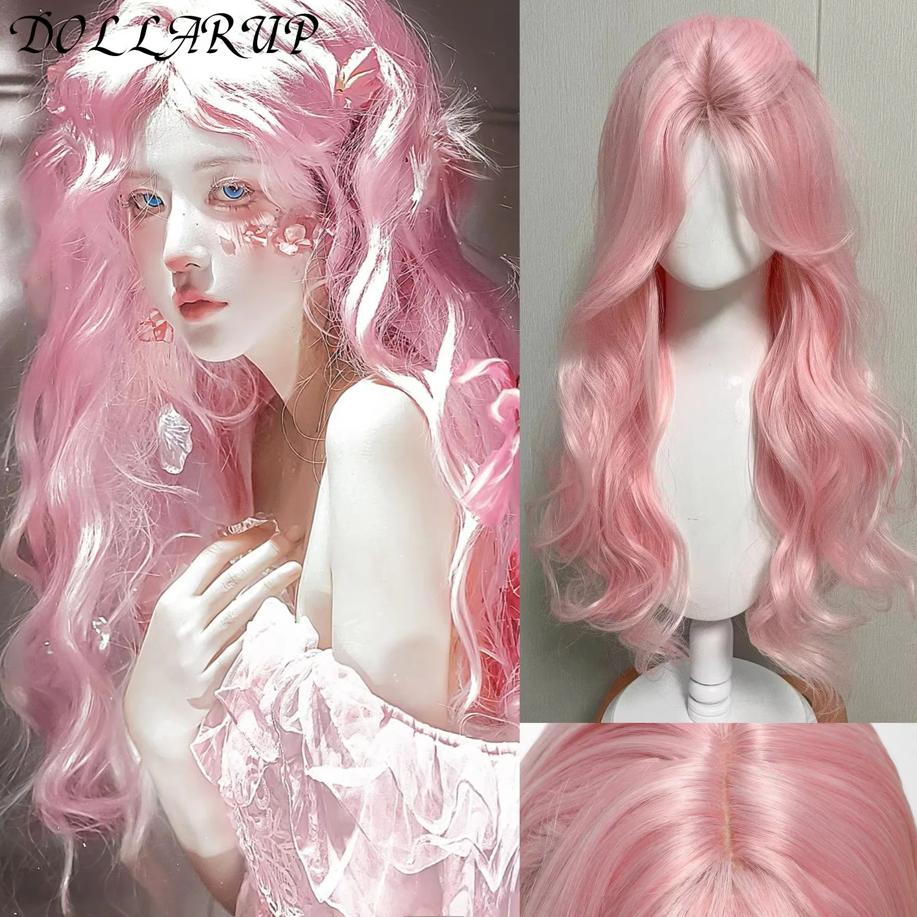 

JKL Synthetic Pink Wig for Women Long Wavy Cosplay Wigs Natural Soft Sweet Synthetic Wig for Daily Use School Life Lolita Wig