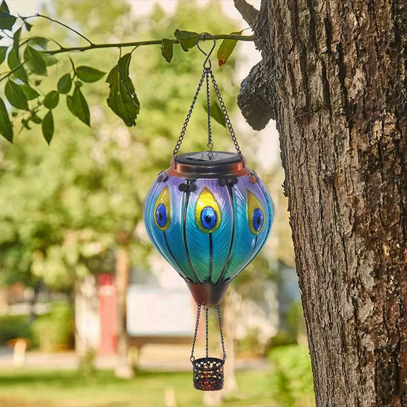 Outdoor Lanterns Hot Air Balloon Solar Lantern With Candle Holder For Garden Decor,Hanging Solar Light Outdoor Peafowl Durable