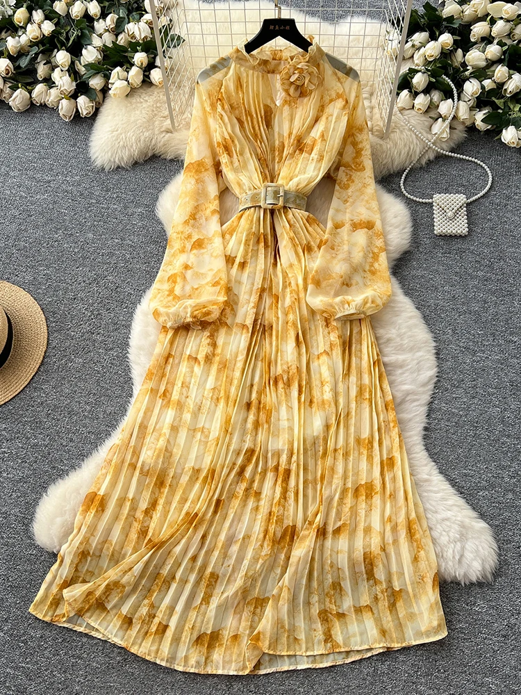 

Spring Autumn French Long Sleeved Printed Chiffon Dress with Ruffle Edge Splicing Waist Cinching Elegant Pleated Long Dress Y03