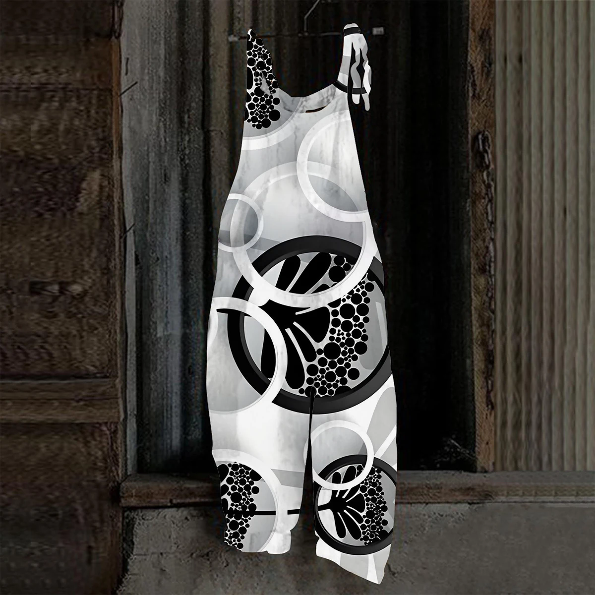 Women Abstract Geometric Print Sleeveless Jumpsuit Black White Casual Loose Wide Leg Overalls Fashion Art Pattern Rompers Street