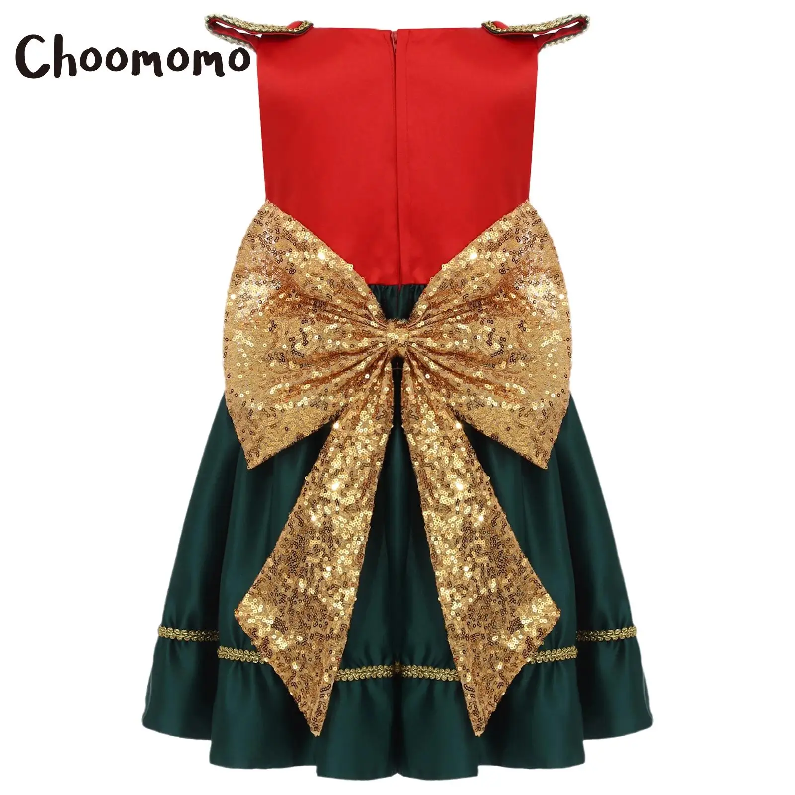 

Kids Girls Christmas Xmas Dress Santa Clause Clothes with Contrast Color Golden Braided Tape Epaulets and Detachable Bow