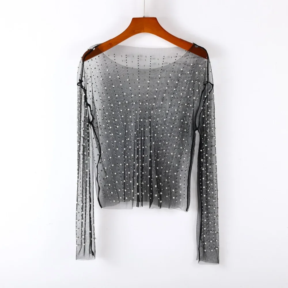 

DL 2024Europe and The United States Hot Drilling Explosions Women's Bubble Beads Perspective Mesh Long-sleeved Blouse Women