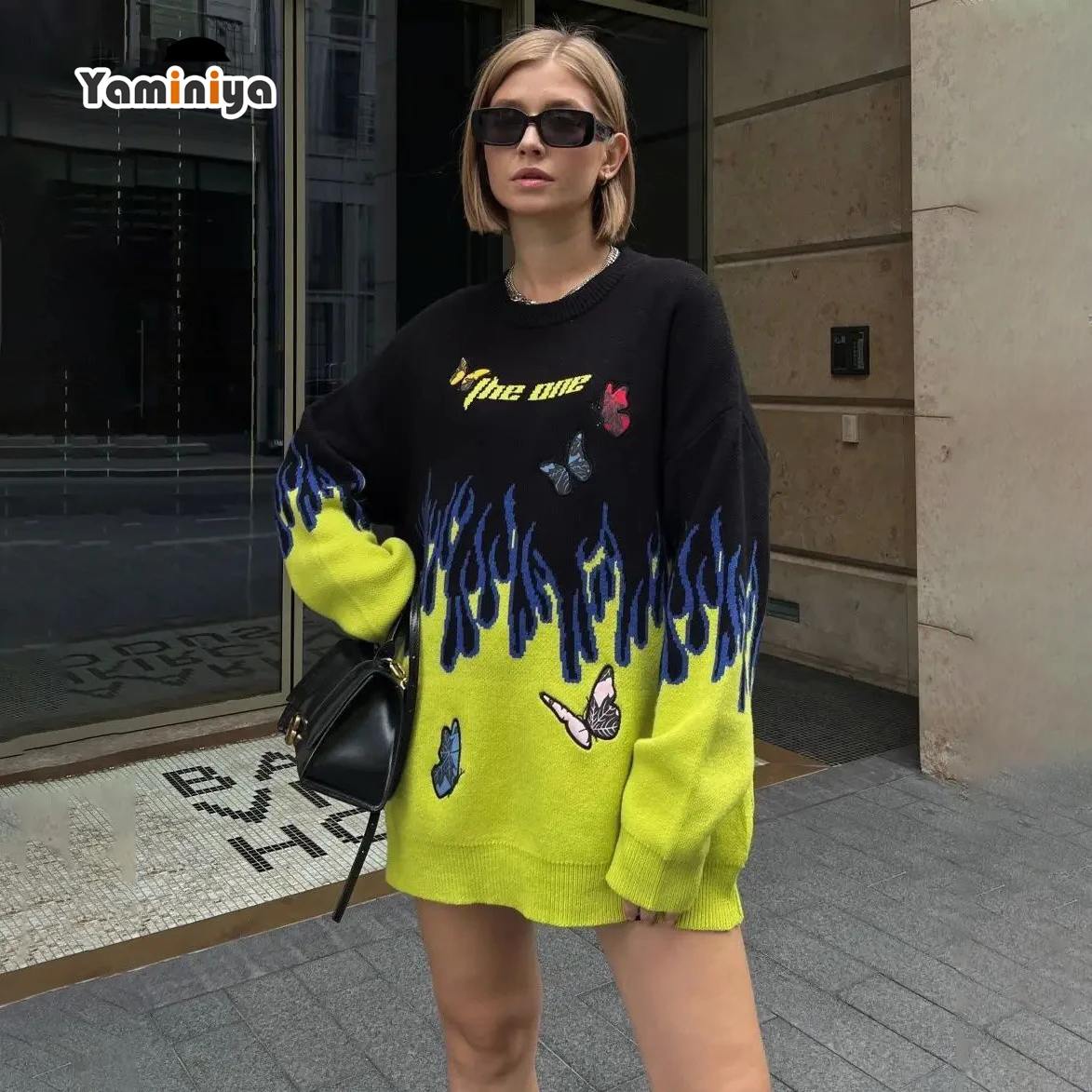 

Yaminiya Flame Print Black Sweater Oversized Y2K Aesthetic Winter Fall O Neck Butterfly Cute Pullover Knitwear Attractive 2024