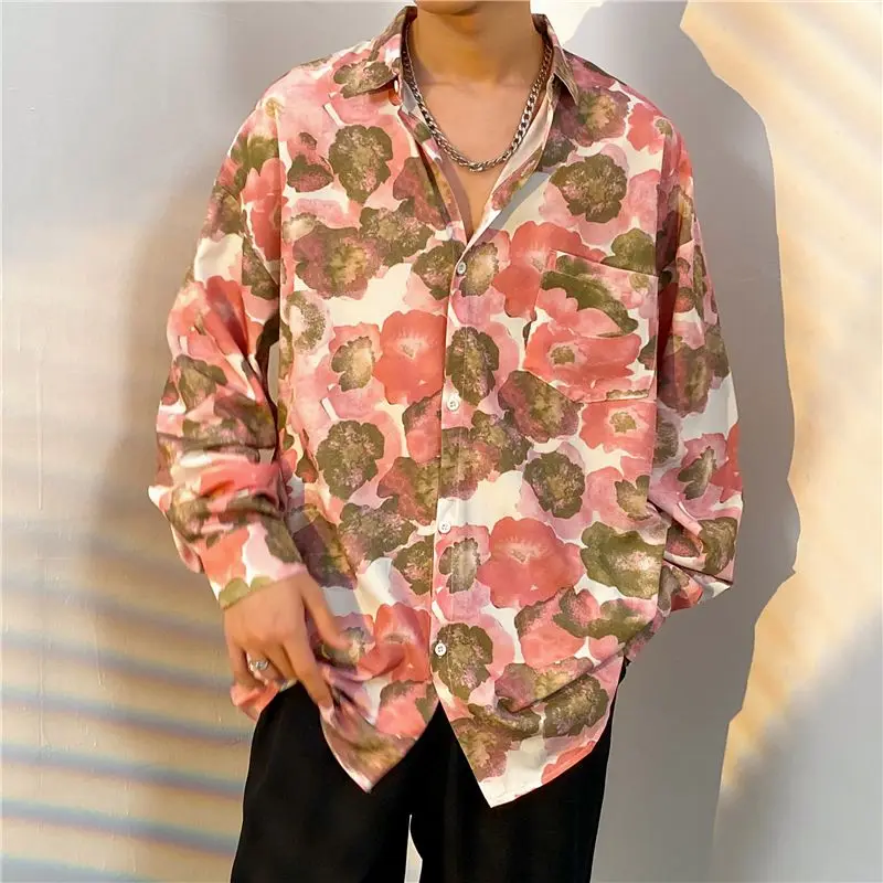 

Floral Print Long Sve irt Men's Spring Autumn Stand Fit Anti Mosquito Polyester Fiber Youthful Sle Casual irt