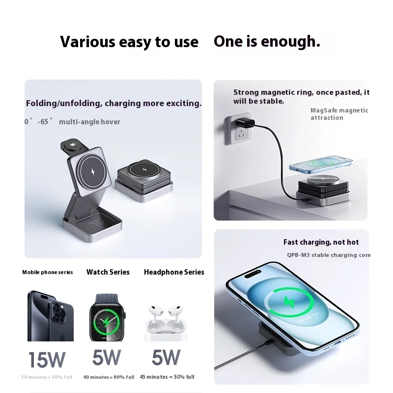 QPB 3-in-1 Wireless Charger Magsafe Magnetic Desktop Stand Folding Portable Charging Stand For iPhone iWatch AirPods Custom