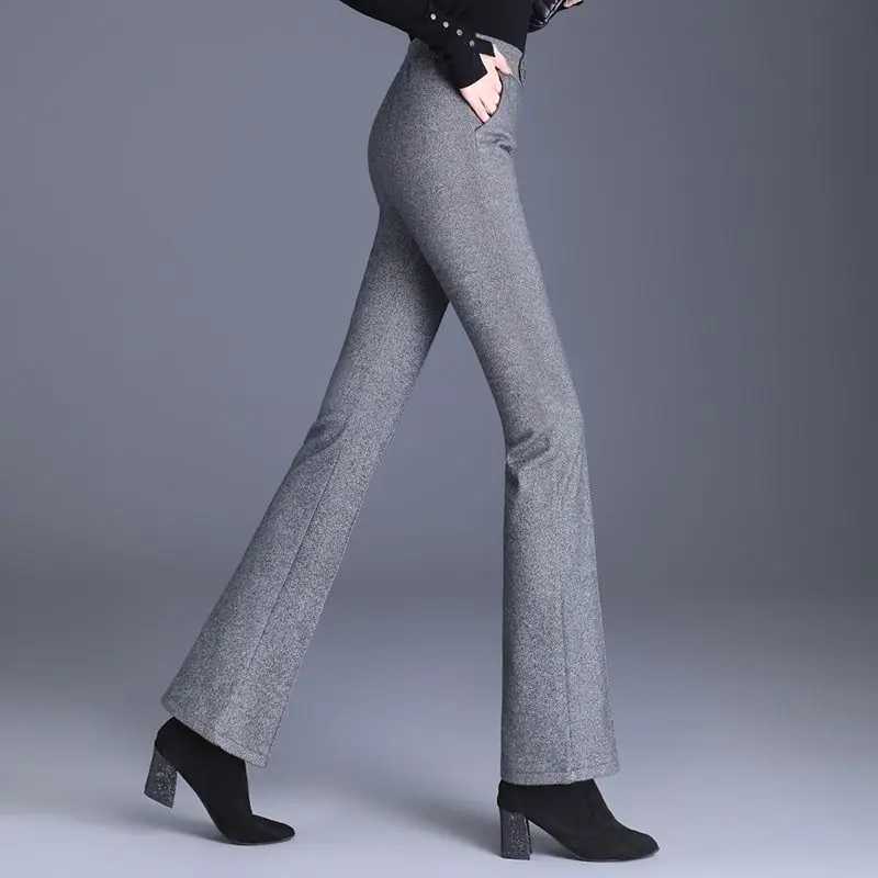 Flare Autumn Winter High Waist Pants Casual Elegant Elastic Waist Boot Cut Solid Color Office Lady Elastic Slim Trousers 2024