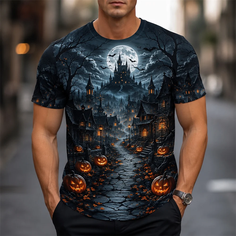 Halloween Horror Black Castle Print Short Sleeve T Shirts For Men Trend Streetwear Personality Holiday Essentials Pumpkin Tshirt