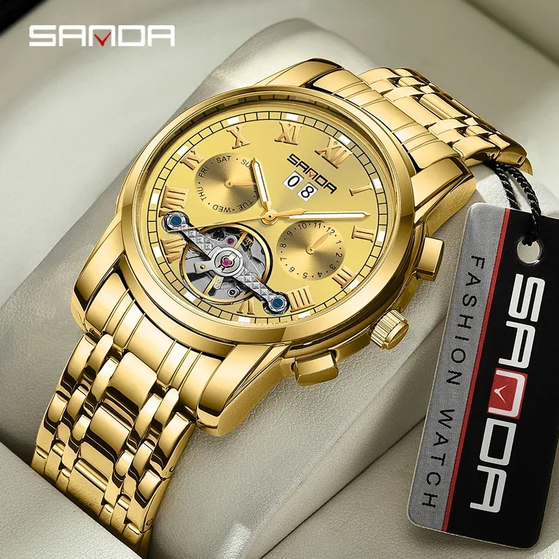 2024 Men\'s Fully Automatic Mechanical Steel Belt Watch New Product Sanda 7006 Fashion Calendar Hollow Men\'s Watch