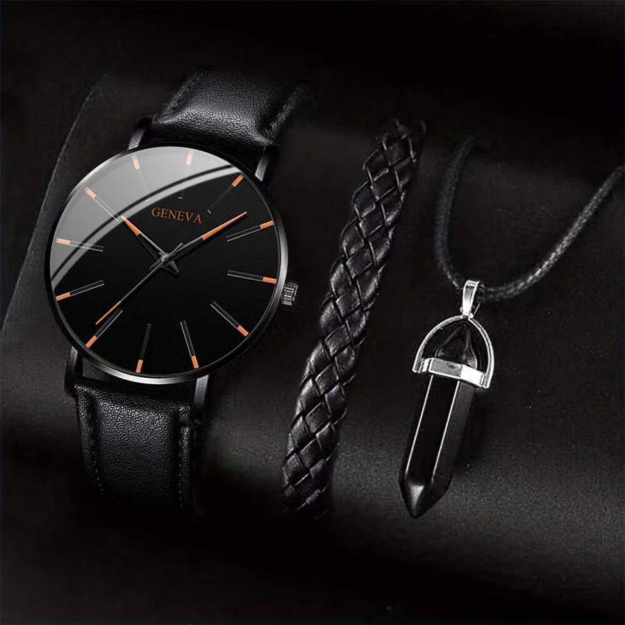 3 stks/set heren zakelijke horloges casual lederen band analoog heren quartz horloge ketting armband set