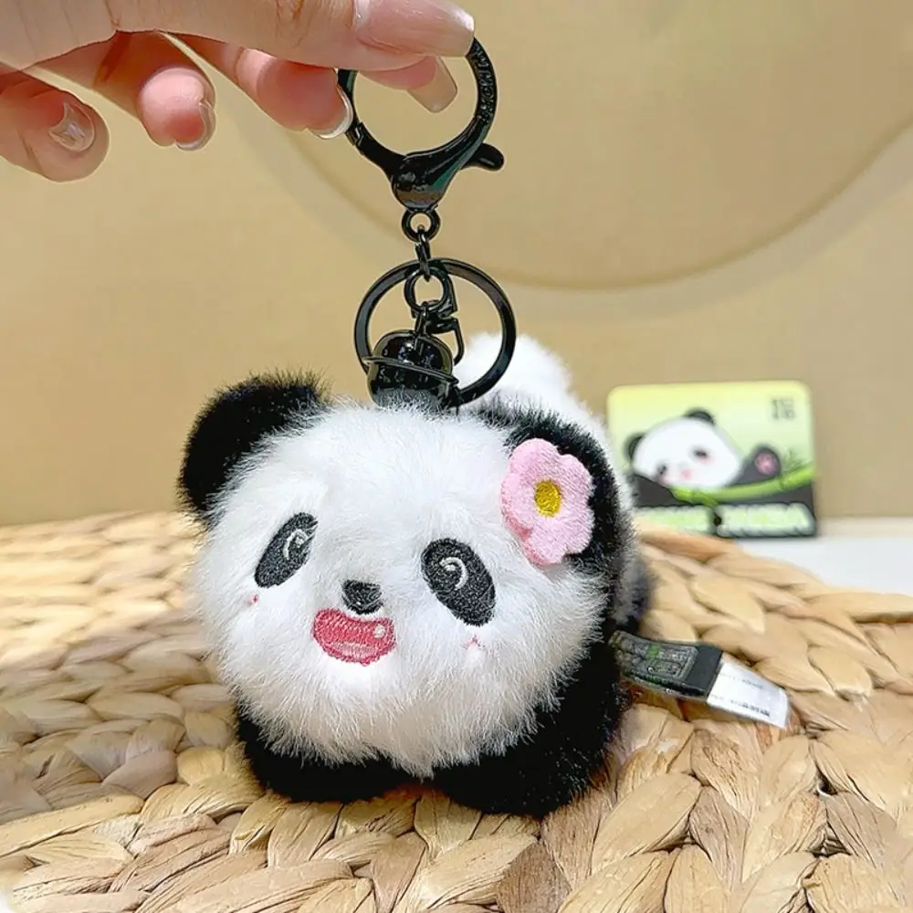 Portable Bamboo Panda Keychain Flowers Cute Doll Bag Pendant Fluffy Plush Car Key Ring Student