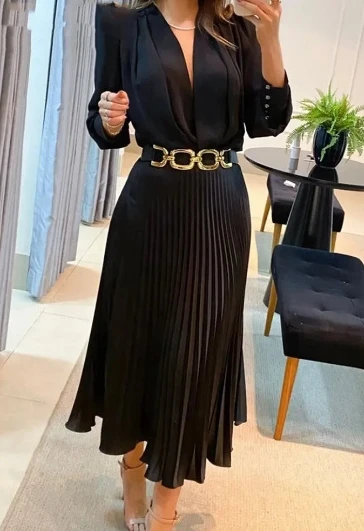 

Women's Elegant High Waist Pleated Dress Temperament Commuting Female Clothing New Fashion Women Bubble Sleeve Pullover Dresses