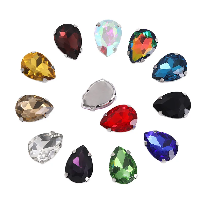 Waterdrop Shape Glass Rhinestones With Claw Sew On Teardrop Strass Diamond Silver Metal Base Decoration Crystals For Needlework
