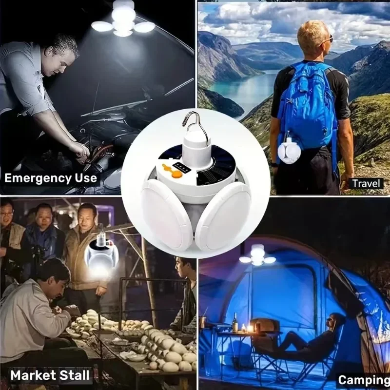 Portable Solar Camping Lantern USB Rechargeable Outdoor Tent Lamp Folding LED Football Bulbs with Hanging Hook Portable Lantern