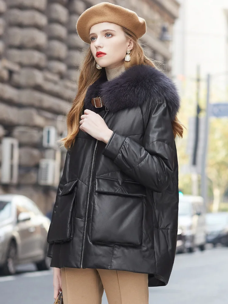 Winter New Patty Casual Genuine Leather Goose Down Coat Women's Hair Navy Collar Cotton Sheepskin Leather Coat Down