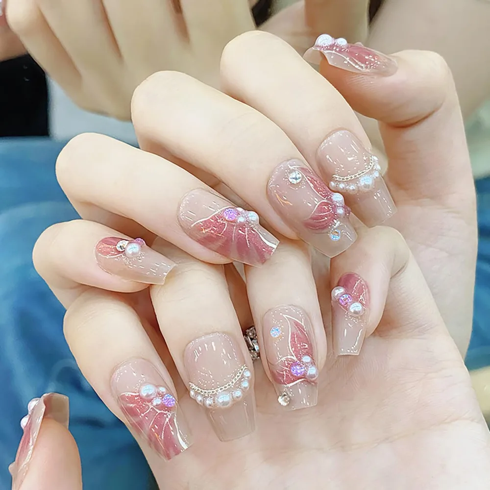Mermaid Inspired False Ballet Shaped Nails with Pearl Chain Design for French Full Cover Reusable Nail Art