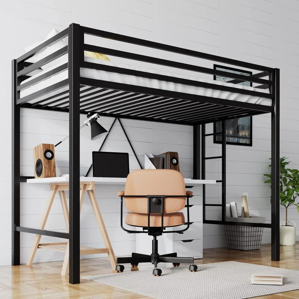 

Small Loft Bed Twin Size with Full Length Guardrail and Removable Staircase, No Noise, Space Saving, No Springs Required, Black