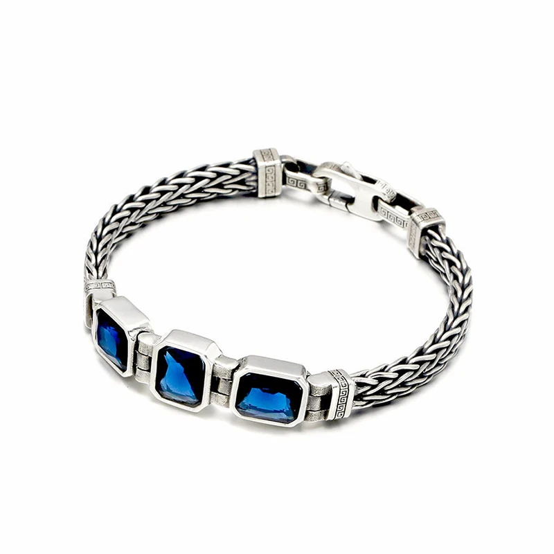 S925 Silver Vintage Bracelet Couple Jewelry 18/20/22cm Woven Chain 3 Rows Blue Crystal Gem Men Women Party Fashion Gift