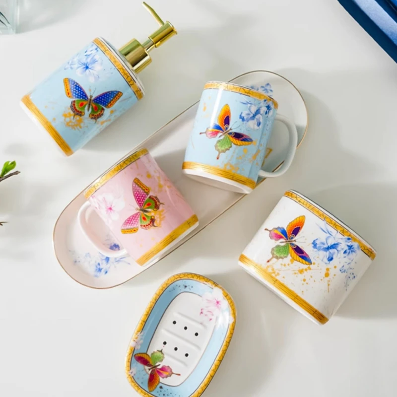 1pc Ceramic Bathroom Accessories Soap Dispenser Mouthwash Cup Toothbrush Holder Storage Tray Butterfly Pattern Bathroom Decor