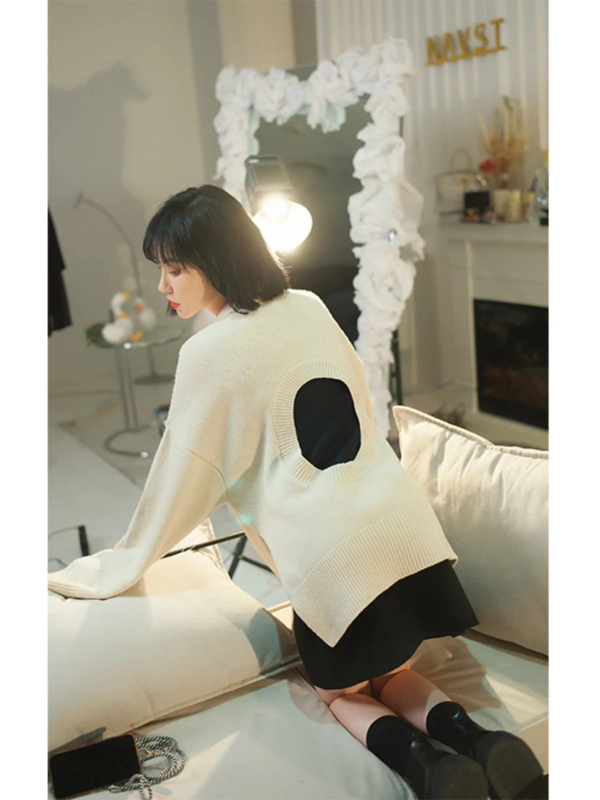 

NANASTORE Women's Beige Long Hollow out Knitted Sweater Spring 2024 New Sle Comfortable round Ne Pullover Warmth Added