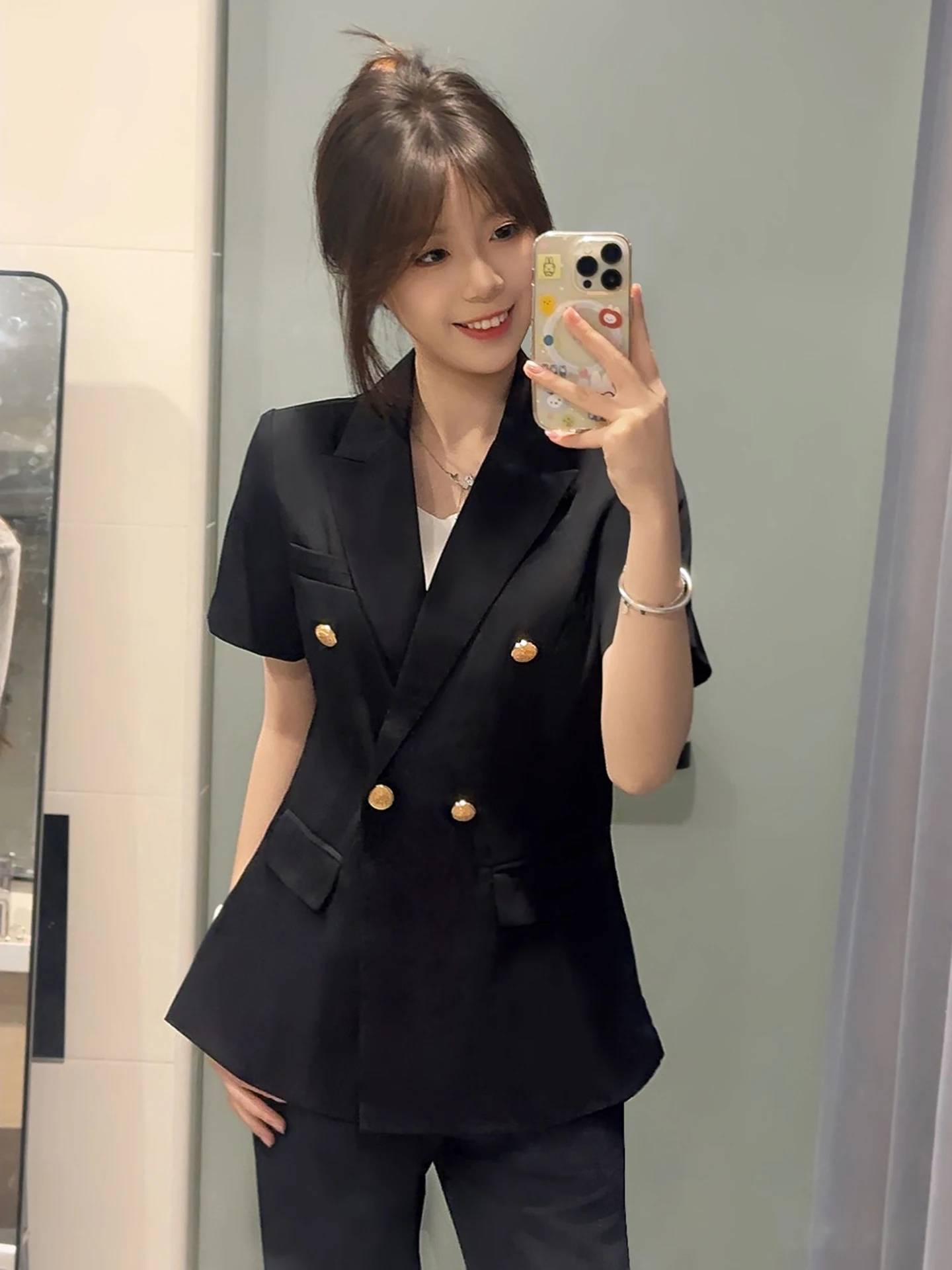 Professional Women's Suit Set for Civil Servant Interview Workwear Small Size Career Black  Polyester Fiber Regular Sleeve
