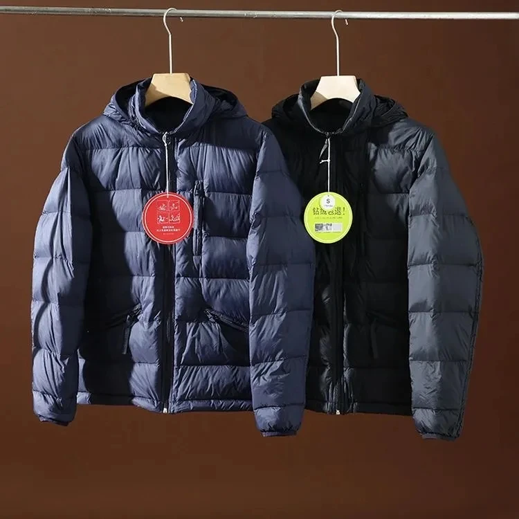Men's down Jacket Packable Windproof Goose down Top Body Casual Winter Coat Hat Inner Feather Padded Regular Length Style