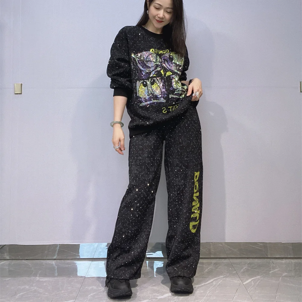 

Негабаритные комплекты из двух предметов, женские наряды с леопардовыми бриллиантами, повседневные топы и брюки с круглым вырезом и принтом тай-дай, трикотаж, женский спортивный костюм