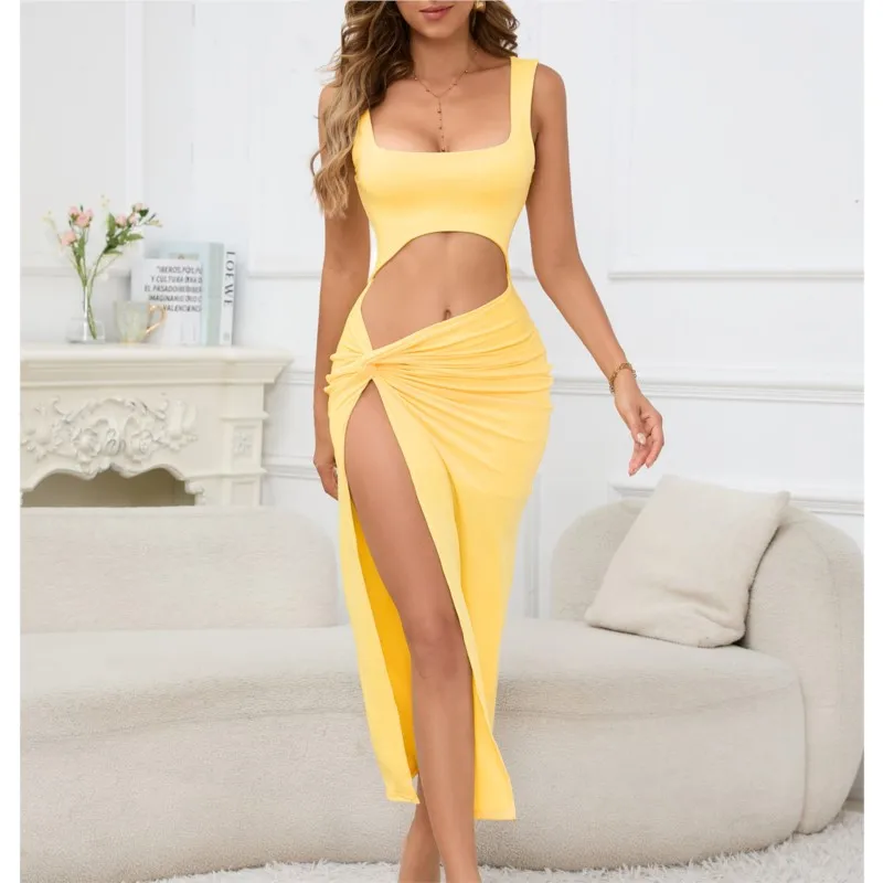 Women Summer Long Dress 2024 New Suspenders Solid Color Casual Hollow Navel Sexy Dress Elegant Womens Trend 2024 Female Clothing