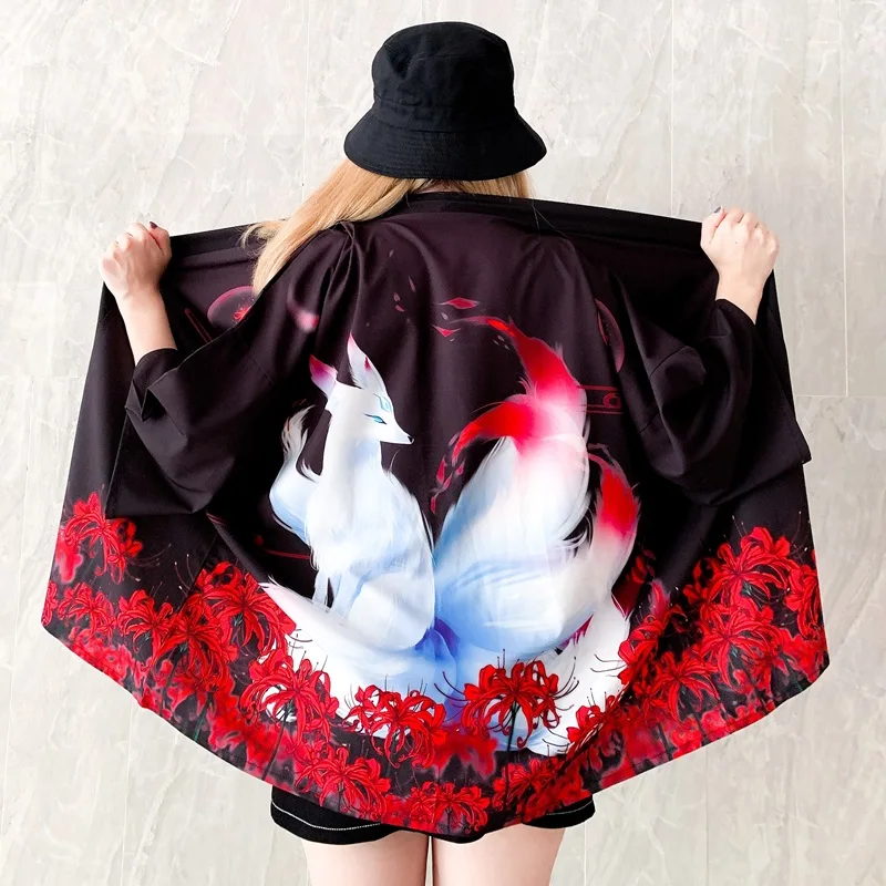 Japanese Kimono Cardigan Yukata Women's Japanese Streetwear Shirt Nine-tailed Demon Fox Print Haori Women's Kimono OBI Top
