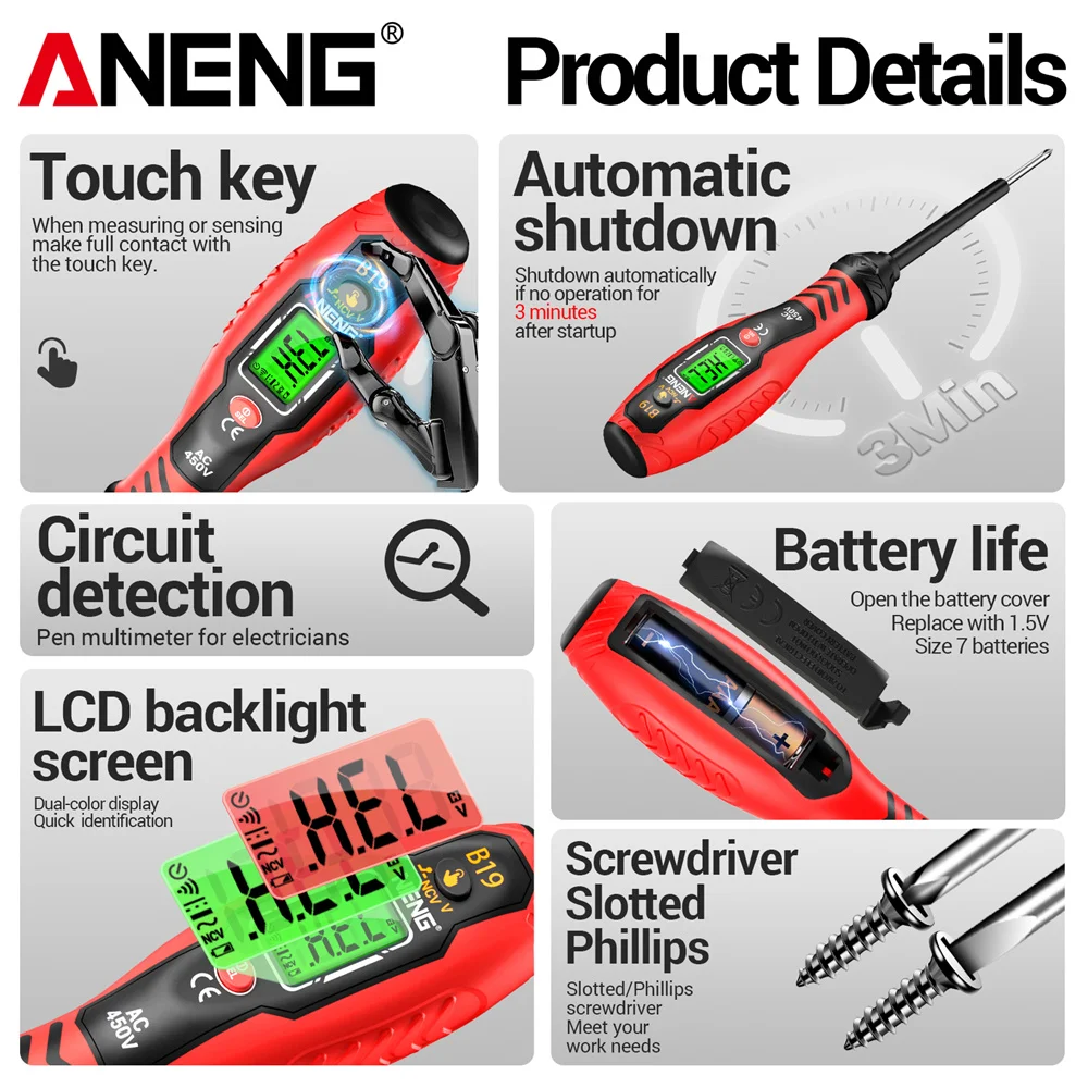 ANENG B19 Cross/Word Screwdriver Pen 30-1000V Voltage Digital Handheld Non-Contact Test Diagnostic Breakpoint Finder Buzzer Tool image 4