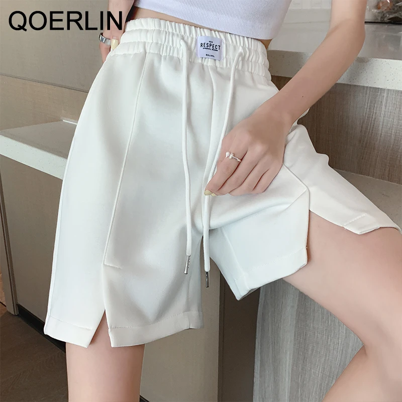 

QOERLIN Summer Sashes Elastic Waist Shorts Women Chic Cotton Wide Leg Black Shorts White Half Length Pink Sweatpant Streetwear