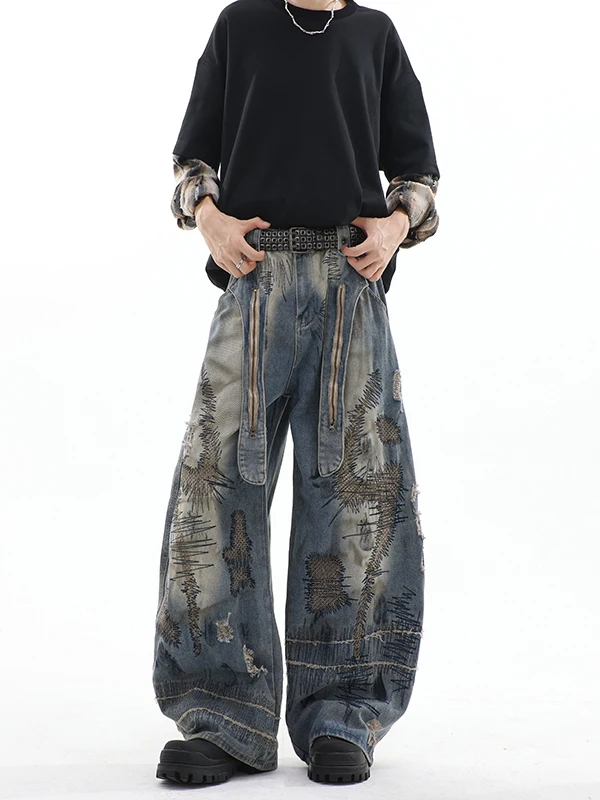 

Мужские джинсы с необработанным краем и вышивкой, свободные прямые широкие брюки, с эффектом изношенности, повседневные, стильные