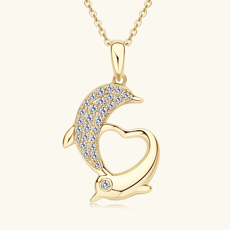 2026 New 10k Solid Gold Moissanite Dolphin Pendant Necklace Unique Chic Collarbone Chain Light Luxury Women Jewelry Gift