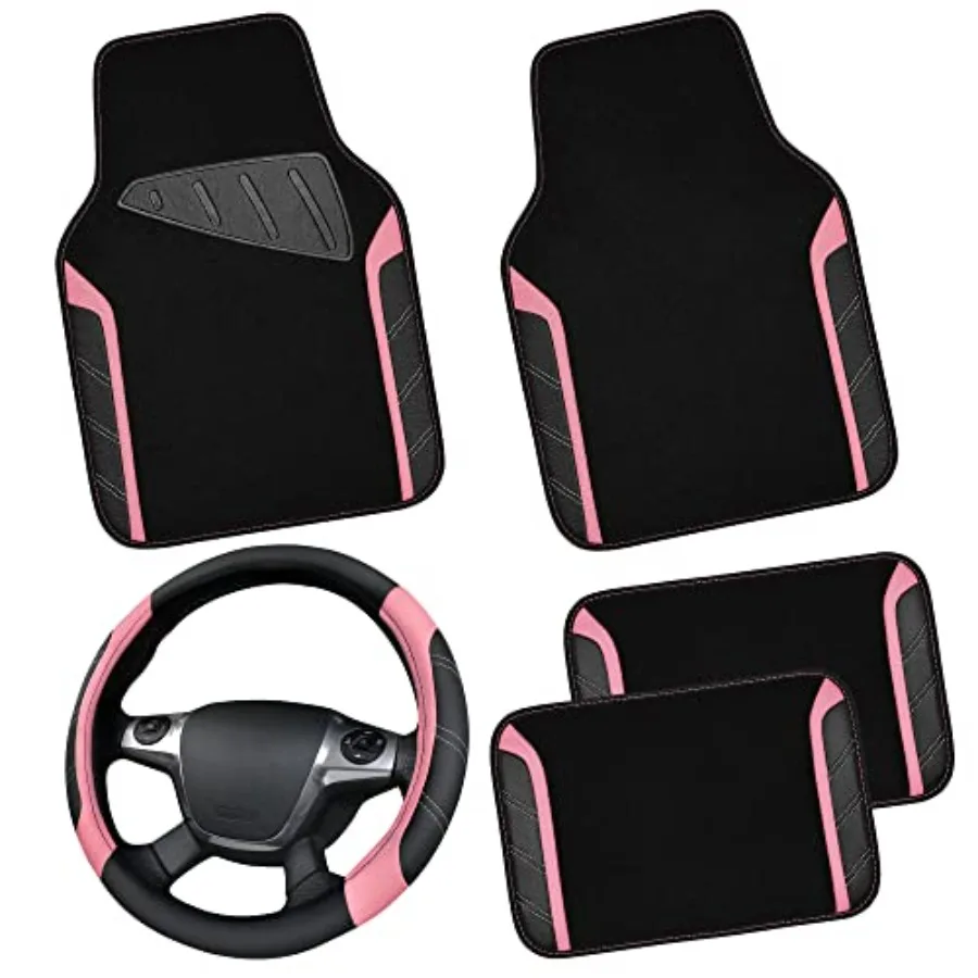 

Microfiber Steering Wheel Cover and Waterproof Car Floor Mats Combo for 95 Trucks SUV Cars 14.5-15inch Black Pink Anti-Slip Com