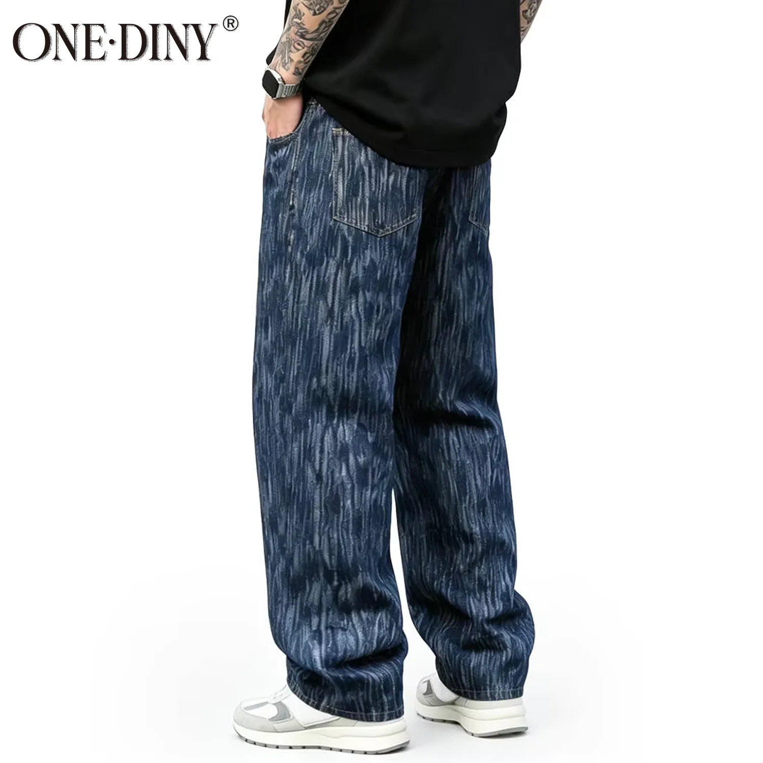 ONE·DINY Men's American Retro Trendy Brand Casual Gradient Water Ripple Loose Oversized High Street Niche Vintage Texture Jeans