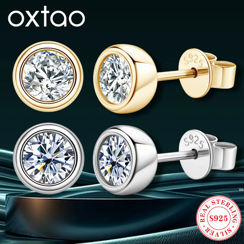 

OXTAO Solitaire Stone Stud Earrings Real 925 Silver D VVS1 Moissanite Bezel Setting Simple Bubble Earrings Jewelry 2025Trendy