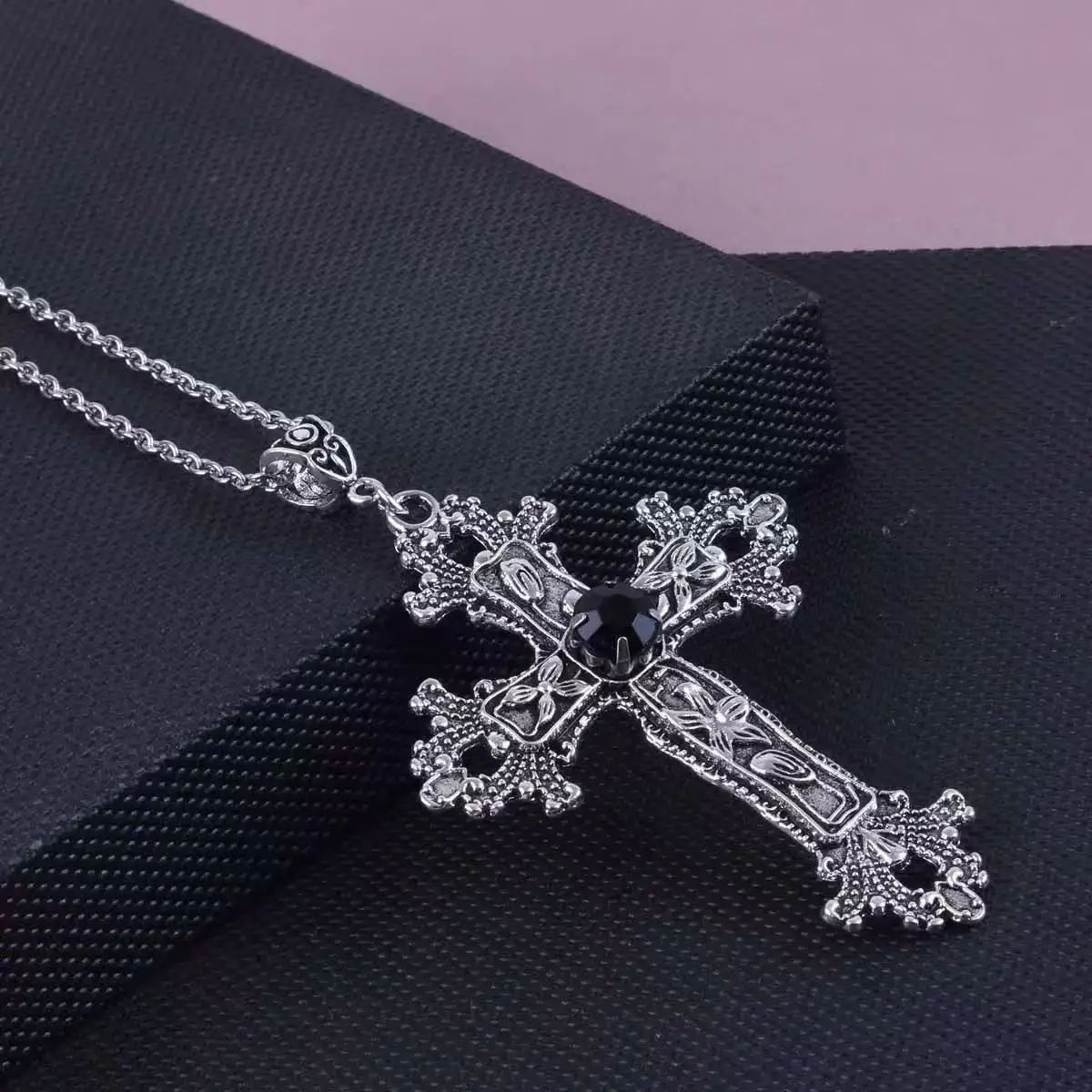 1PCS Punk Split Flame Crystal Large Cross Ancient Silver Men and Women Gothic Irregular Cross Chain Necklace Pendant, Aesthetic