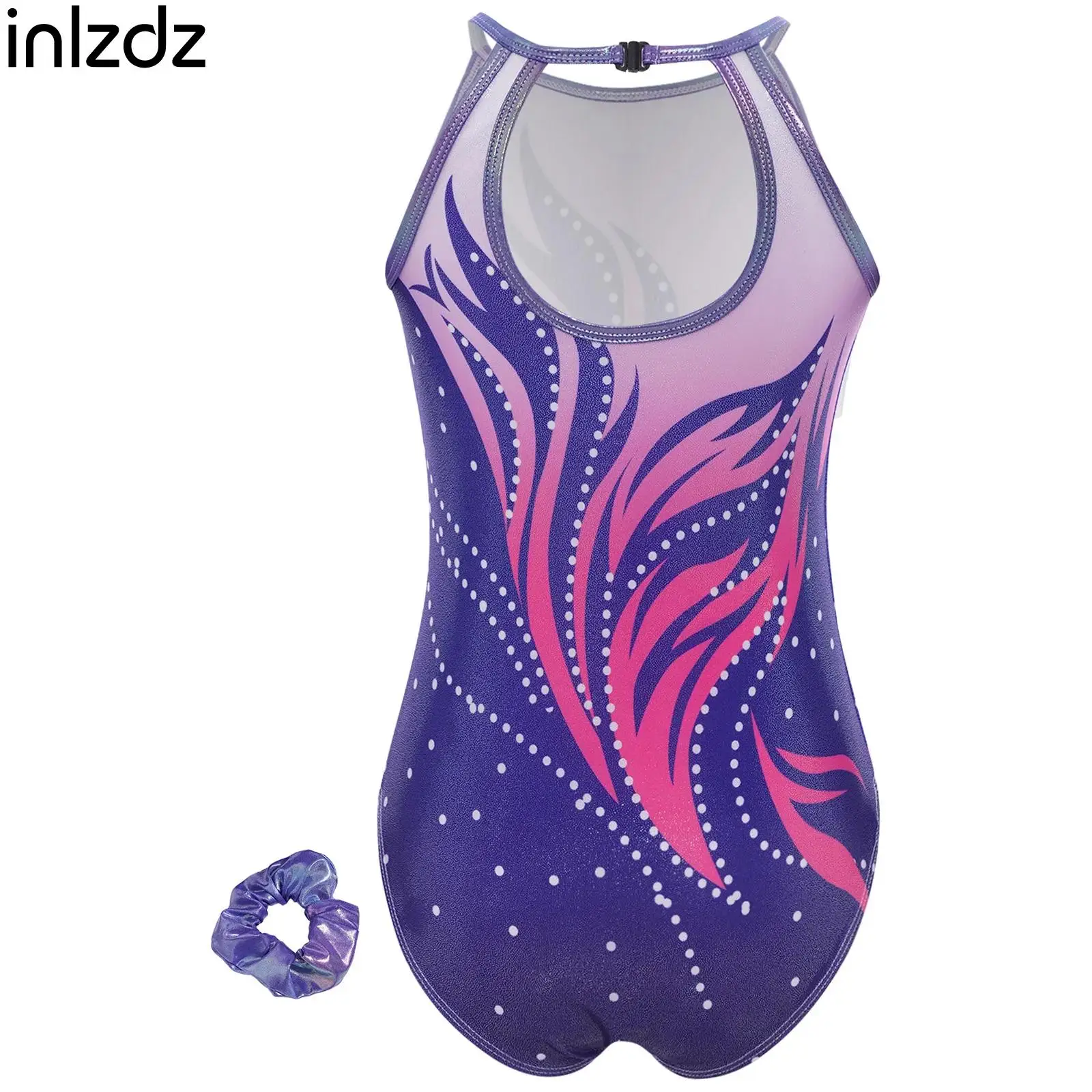 

Purple Kids Girls Gymnastics Dance Metallic Leotard Swimsuit Sleeveless Keyhole Back Bodysuit with Hairband Ballerina Dancewear