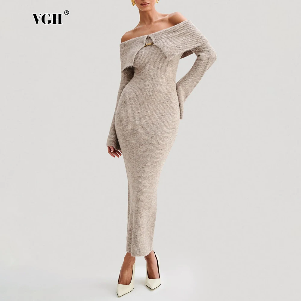 

VGH Elegant Party Dresses Woman Slash Neck Spliced Metal Button Flare Sleeve High Waist Slimming Sexy Bodycon Dress Female New