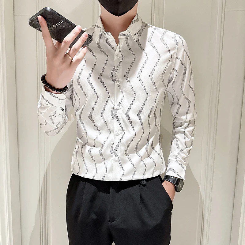 

2024 Spring Print Shirt for Men Long Sleeve Casual Business Formal Dress Shirts Slim Fit Social Streetwear Blouse Men Clothing