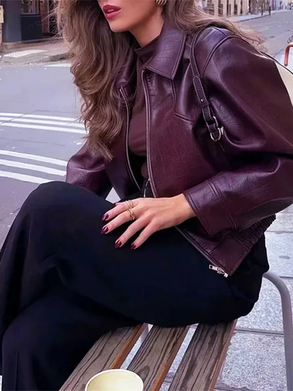 Jaet en cuir rouge femmes automne hiver nouveau Sle américain rétro Simple col rabattu Long Sve fermeture éclair manteau en cuir synthétique polyuréthane