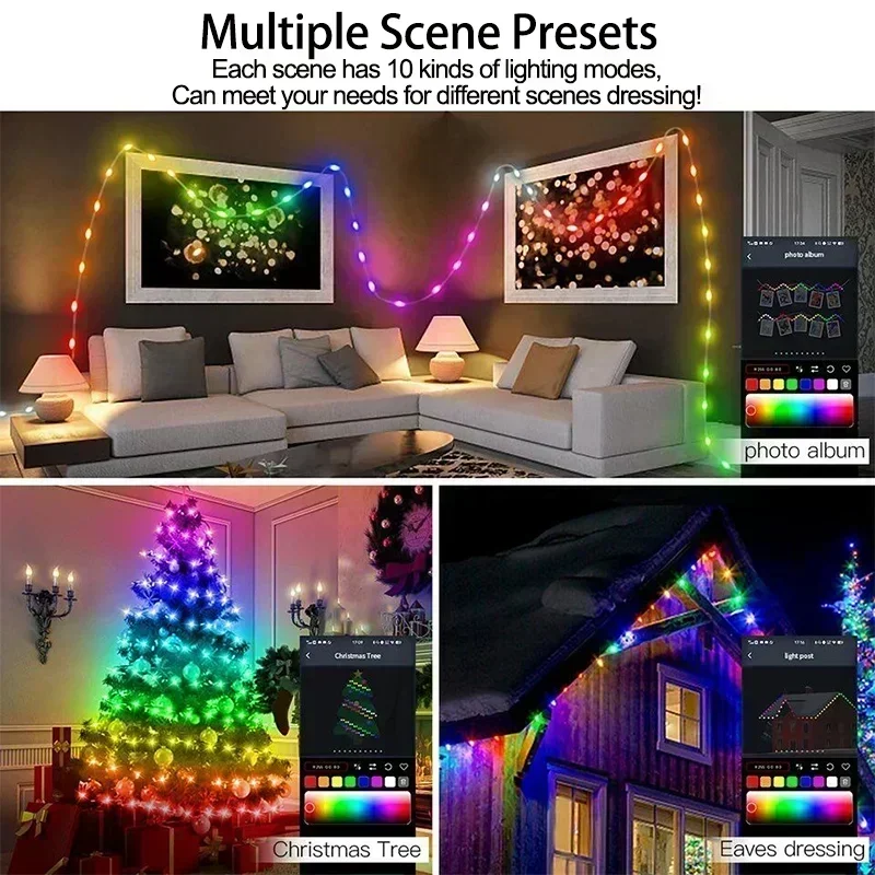 Łańcuchy świetlne LED RGBIC bajkowe oświetlenie bożonarodzeniowe inteligentne sterowanie aplikacją Bluetooth DIY Striing girlanda ślubna Home Party Decor Garland